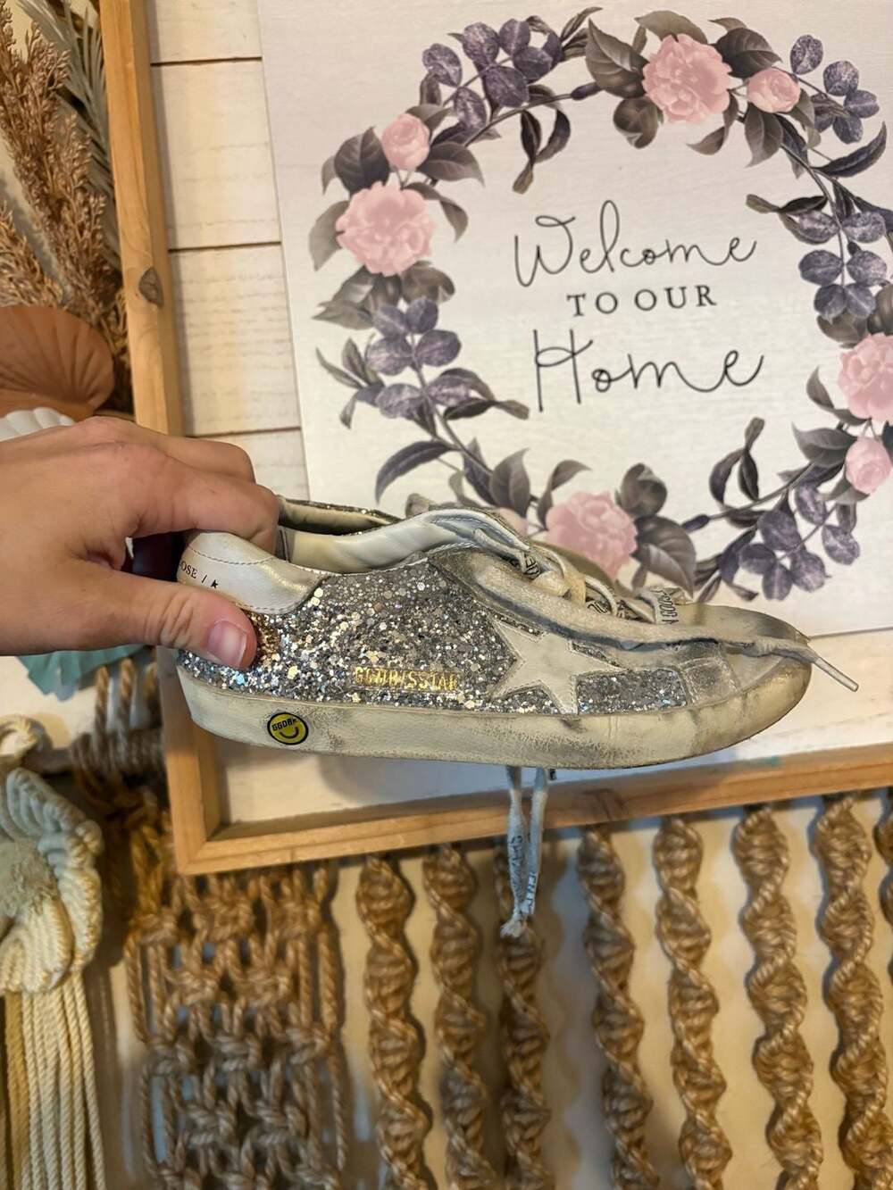 Golden Goose Kids  Super-Star Silver Glitter and Suede Low-Top Sneakers